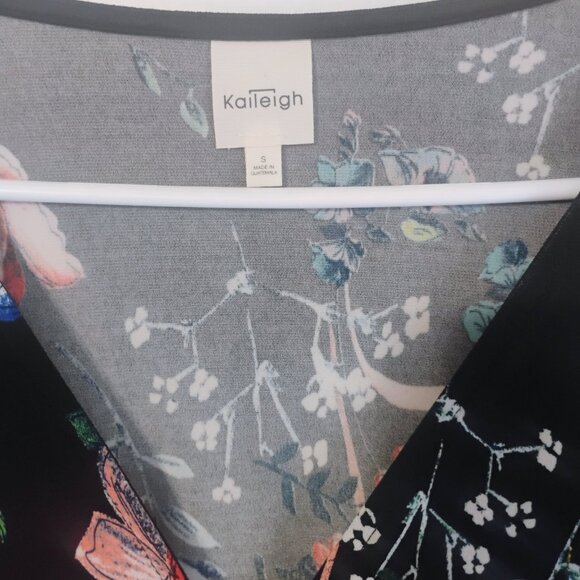 Kaileigh Black Floral Faux Wrap Dress 3/4 Sleeve Tie Waist S - Picture 2 of 6